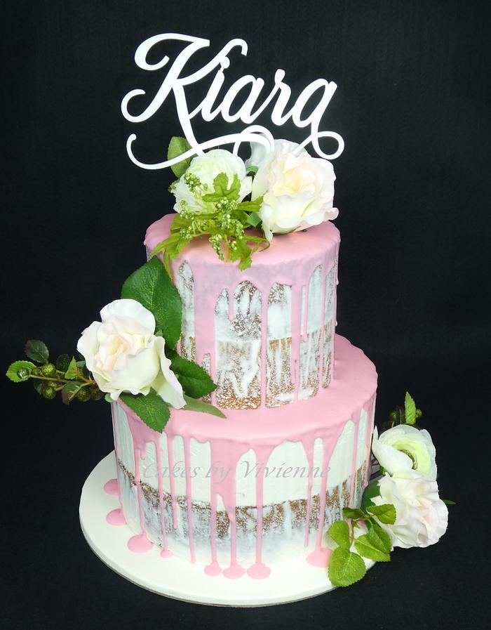 Pink Drip Christening Cake