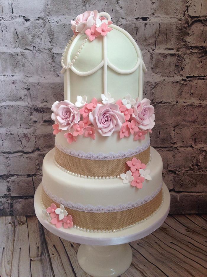 Birdcage and rose wedding cake