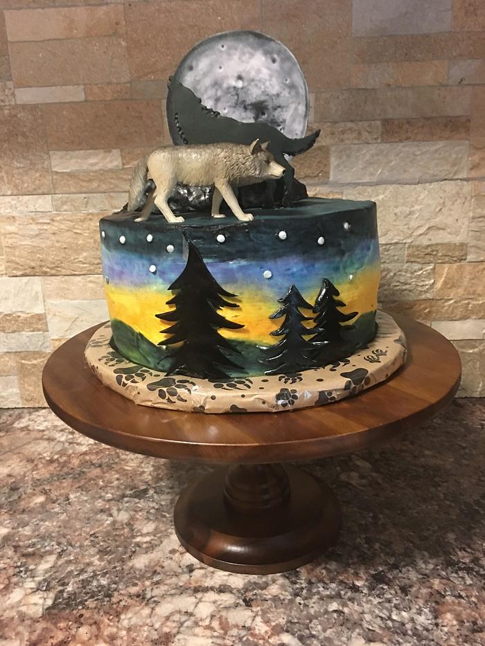 Arit's Sweets - Wolf cake for my awesome boy who just turned 8!! . . .  #customcakes #specialtycakes #wolfcake #wolfsilhouette #wolfhowling  #fondant #fondantpieces #ombrebluecake #nightskycake #fondantfigure  #fondantfigures #wolfhowlingatthemoon ...