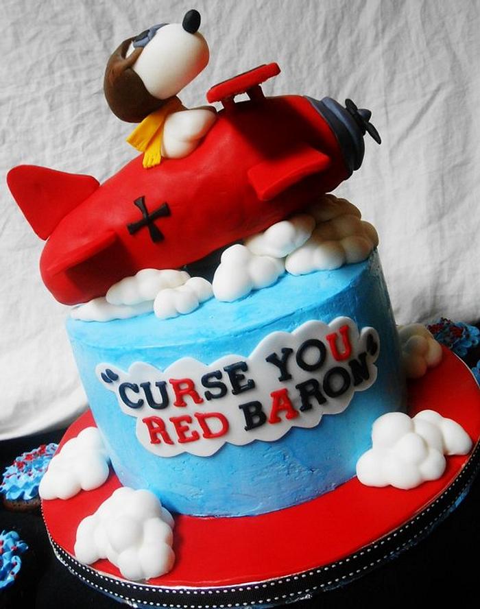 snoopy vrs red baron birthday red blue buttercream cake