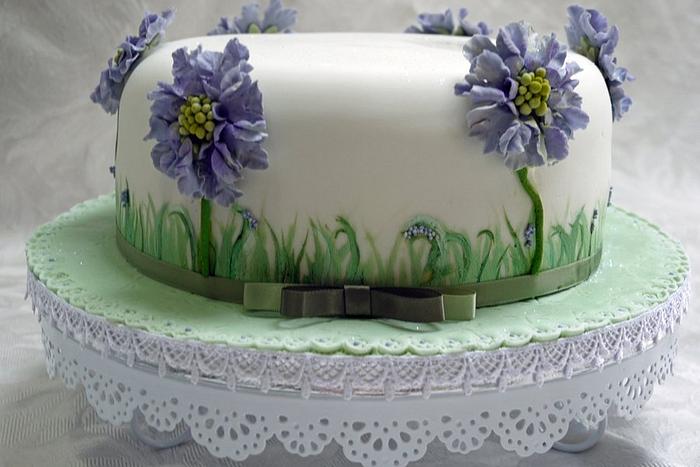 Blue Scabious Hand painted cake