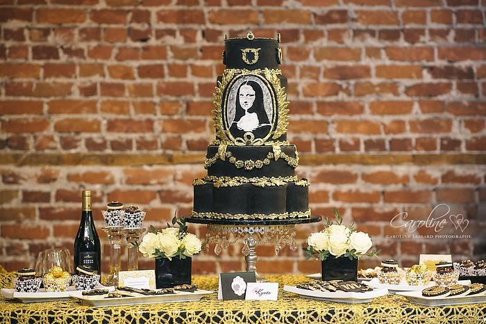 Mona Lisa Cake black  & gold  wedding cake 