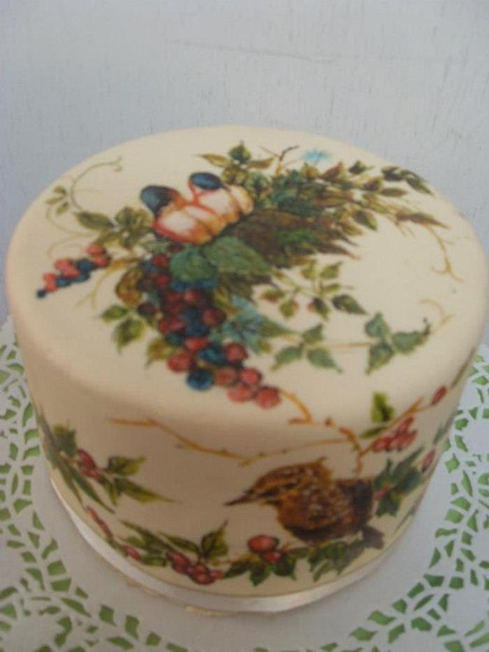 Hand painted cake -birds and berries