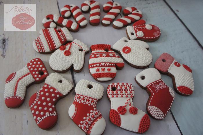 Christmas tree decoration. Knitted mittens and stockings.