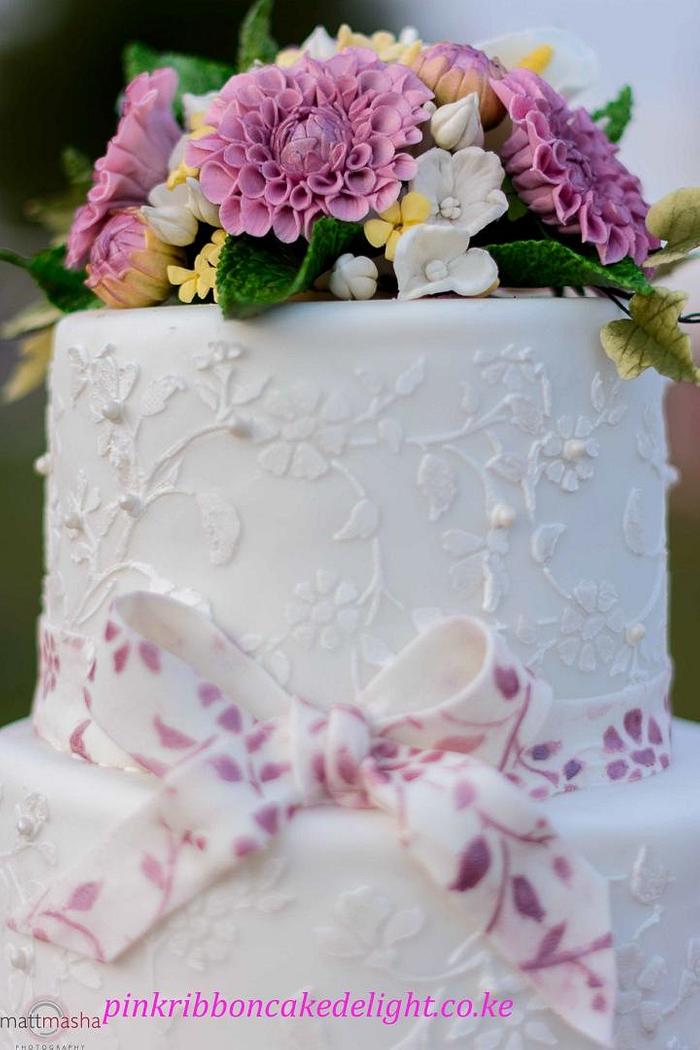 Pinkk dahlia lace wedding cake