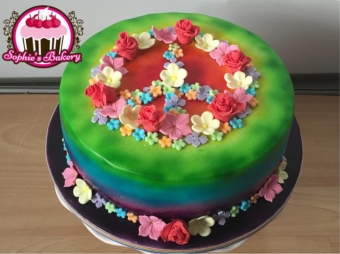 Rainbow Tie & Dye flower power peace cake