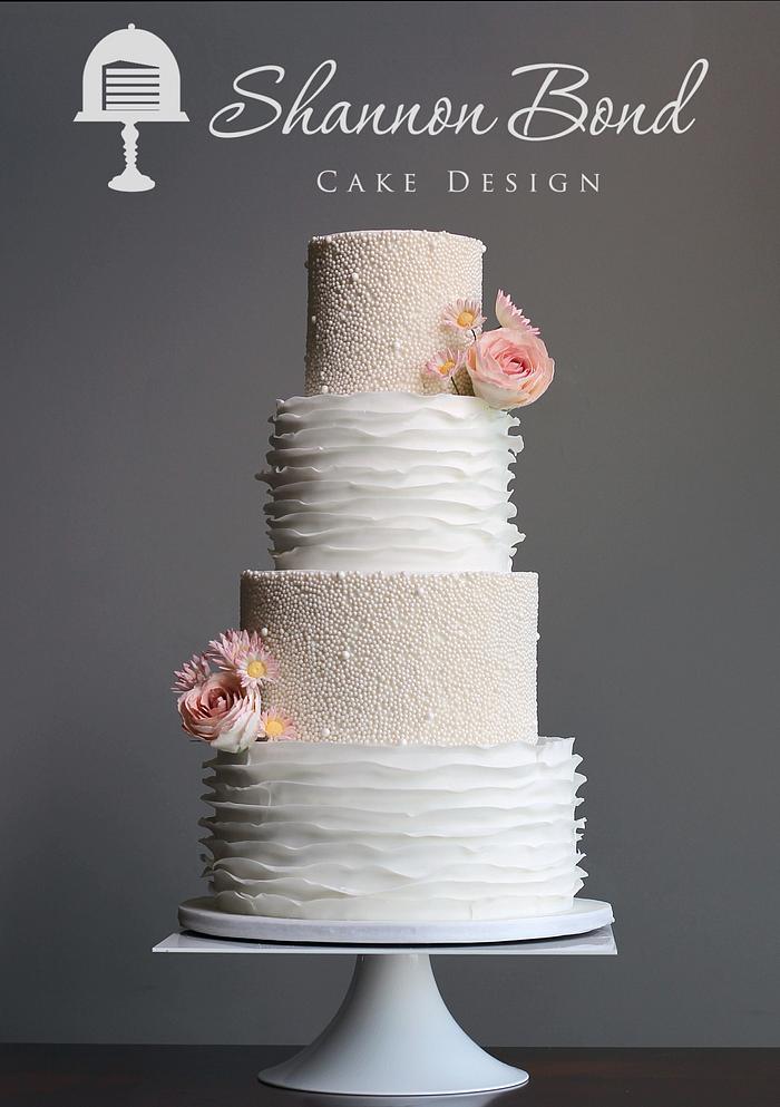 White-on-White Pearl and Ruffle Wedding Cake