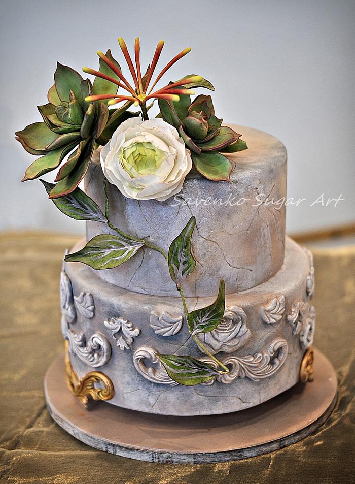 Succulent and ranunculus cake
