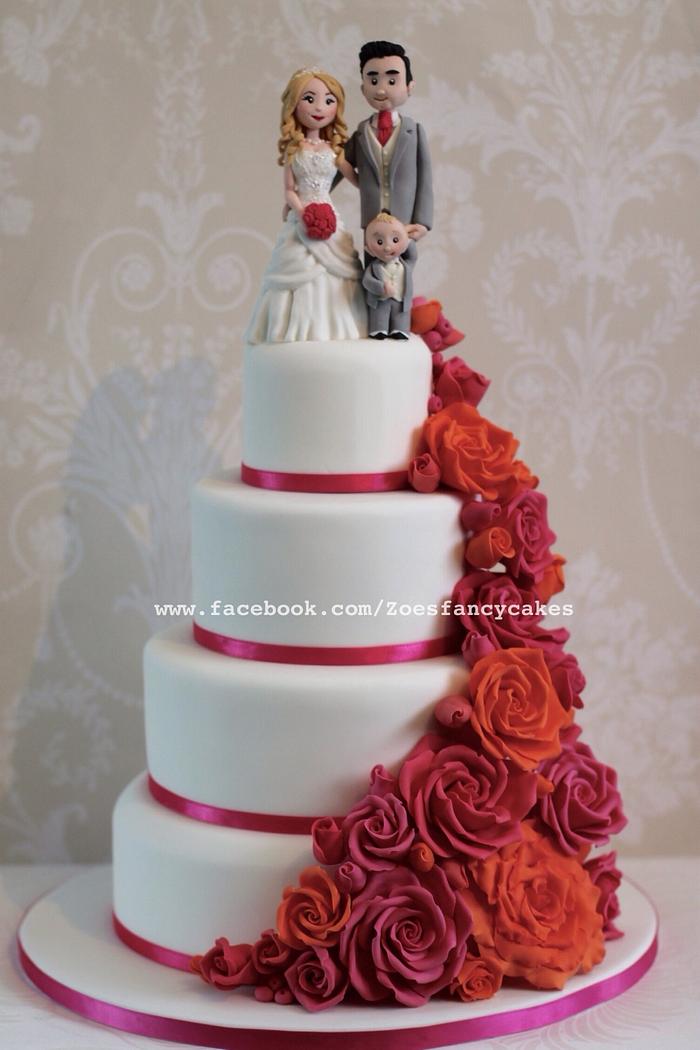 Bright pink and orange rose wedding cake