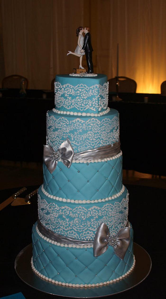 Blue Wedding Cake with Lace Stenciling