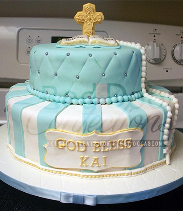 Blue, White, and Gold Baptism Cake