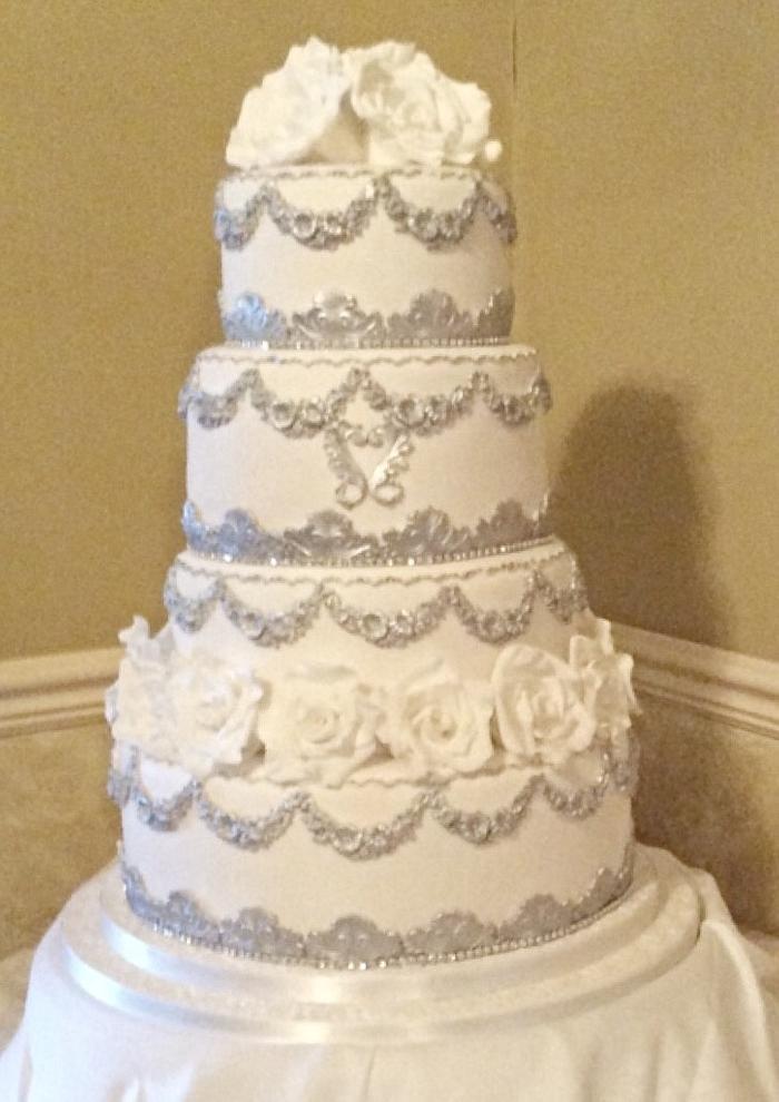 Silver and winter white wedding cake