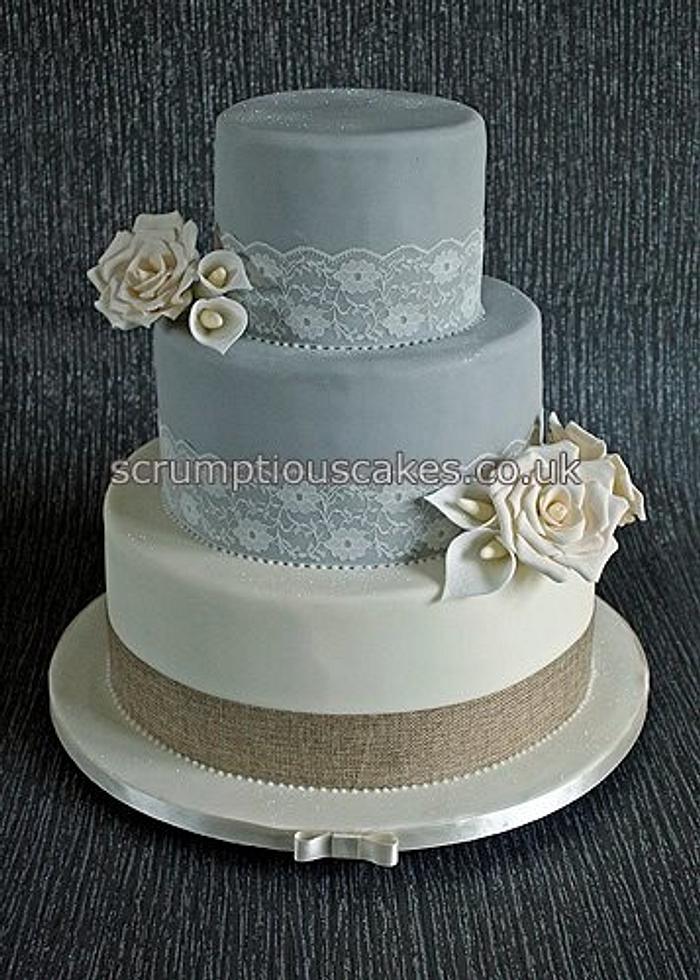 Cream & Grey Lace and Hessian Wedding Cake