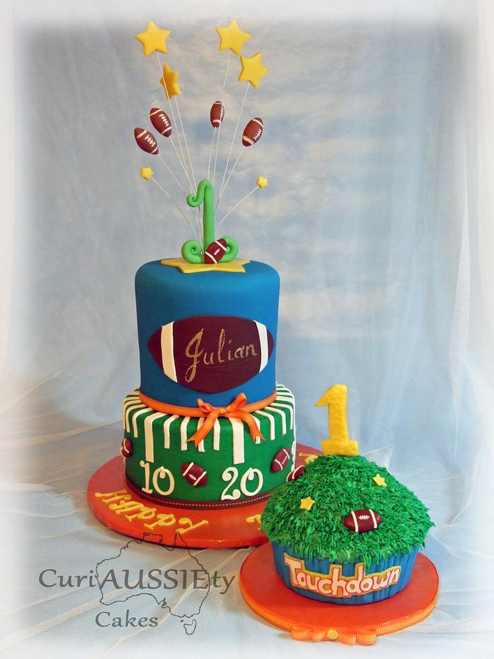 Football theme 1st birthday cake and smash cake