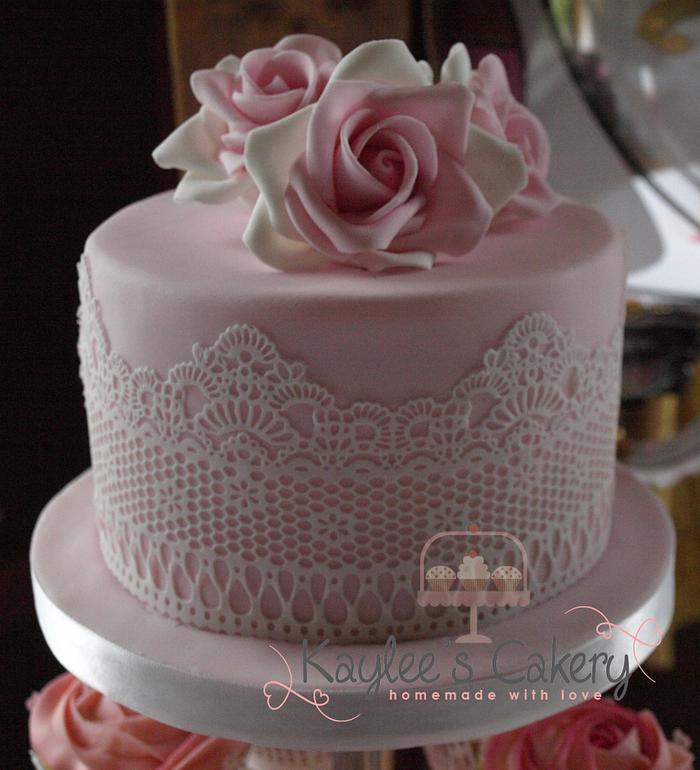 Pink lace cake and cupcake tower 