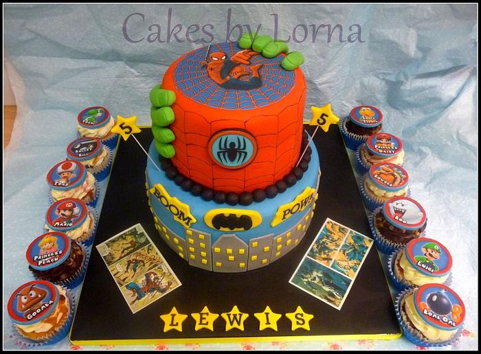 Batman & Spiderman Two Tier Theme Birthday Cake