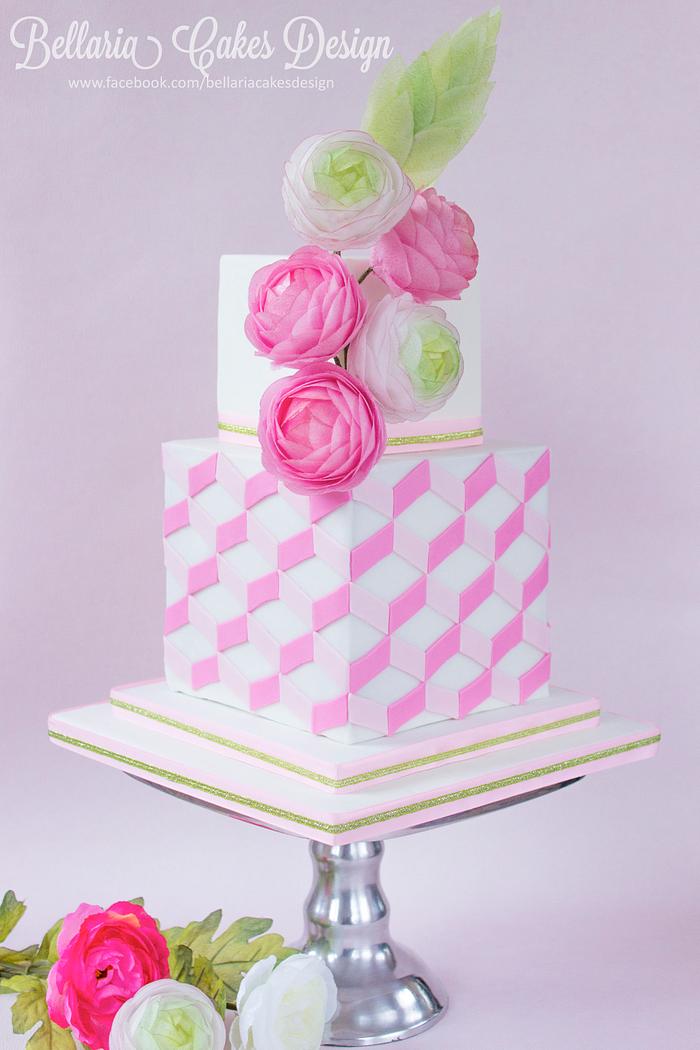 Spring cake with wafer paper ranunculus