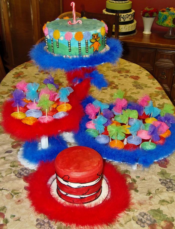 Dr. Suess, Lorax cake, Cat in the Hat, and cupcakes