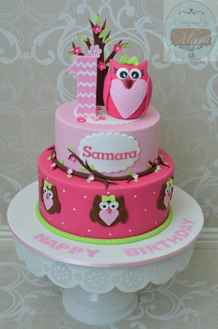 Owl themed 1st birthday cake