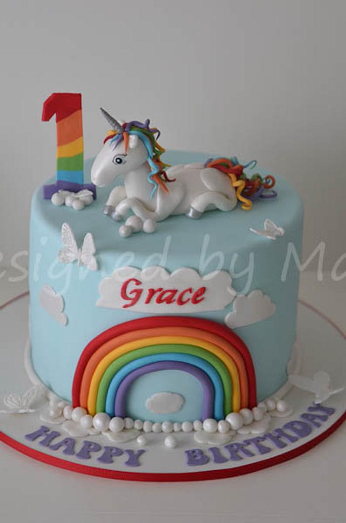 unicorn & rainbow 1st birthday cake