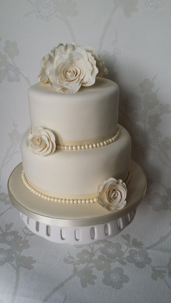 Ivory, Pearl Ribbon Wedding Cake