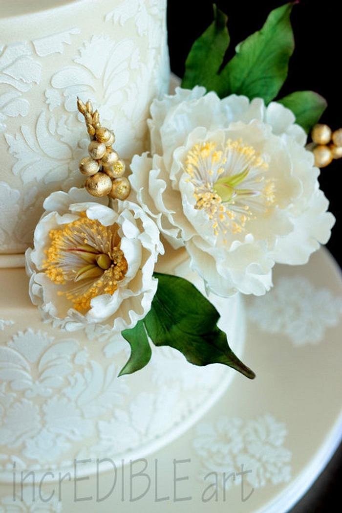 'Compassion'-Open peonies in Two tiered wedding cake
