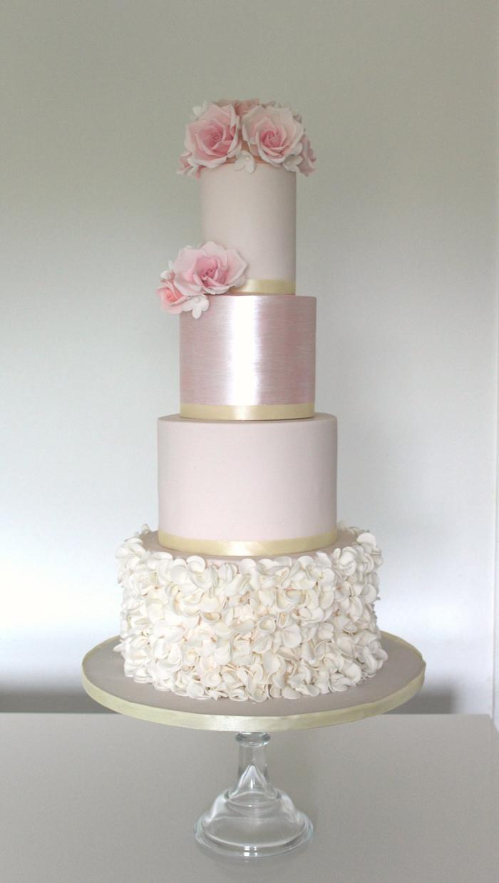 Blush shimmer ruffle wedding cake
