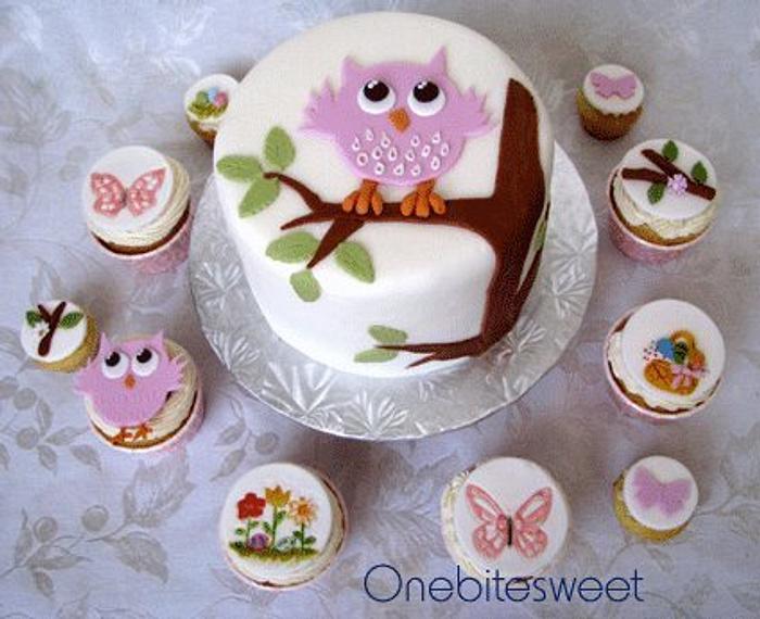 Owl Theme Baby shower cake and cupcakes