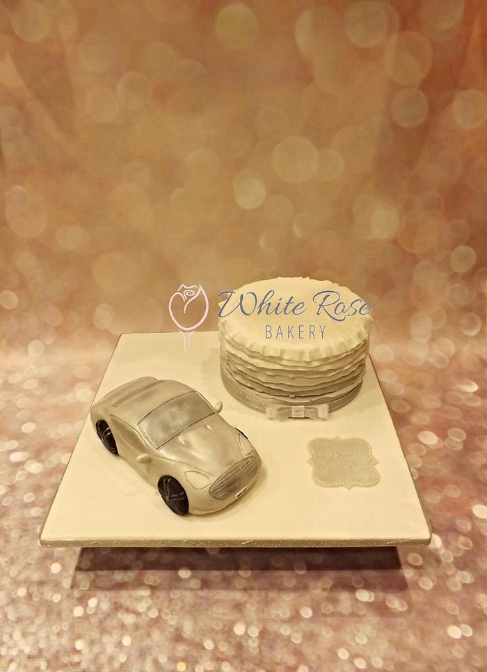 Aston Martin DB9 and matching silver/white ombré ruffle cake and plaque