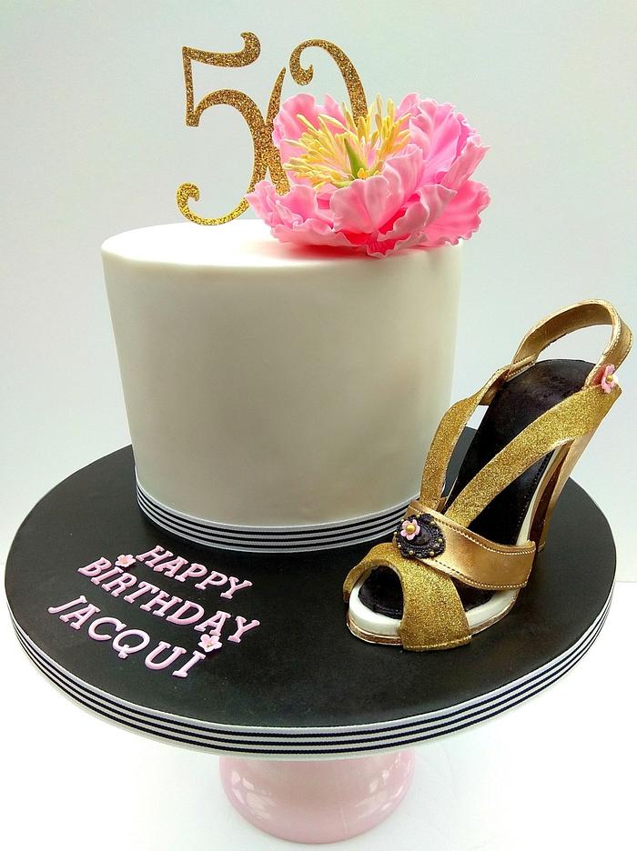 Glitter Gold Shoe and Pink Peony - Decorated Cake by The - CakesDecor