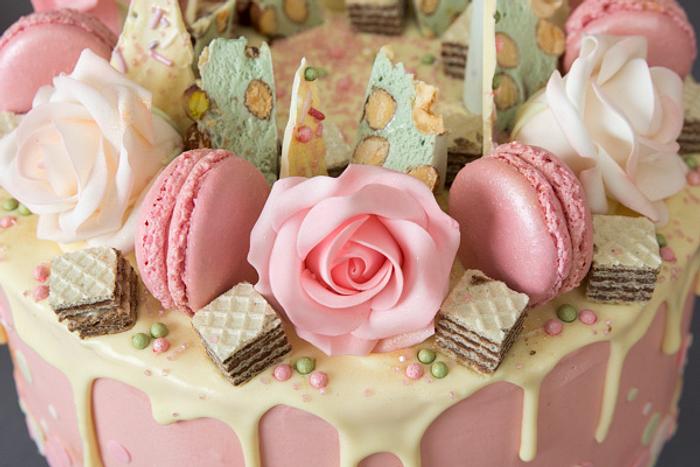 Pink Drippy Cake with Macarons