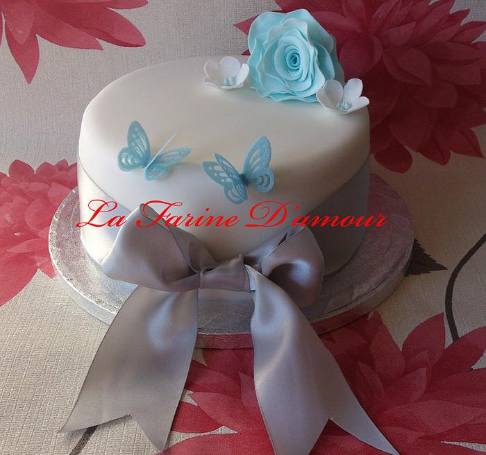 Birthday Cake - white with blue and white flowers
