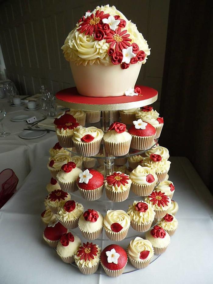 Ruby red and ivory wedding cupcake tower