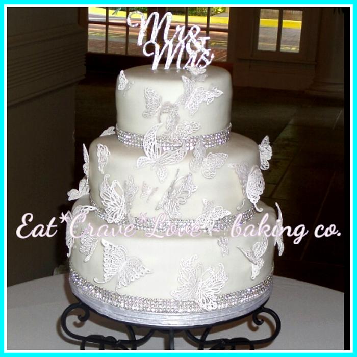 White Lace Butterflies wedding cake