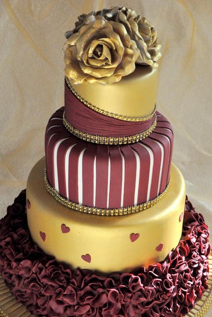 Hand-piped Burgundy And Marble Floral Cake