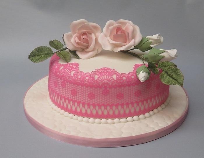 pink lace with pink roses cake 3-4-2016