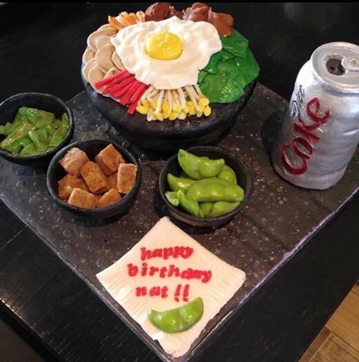 BIBIMBAP CAKE WITH SIDES AND DIET COKE