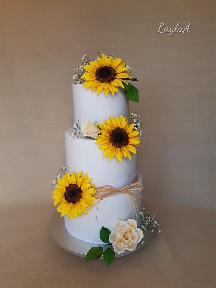 Wedding cake with sugar sunflowers