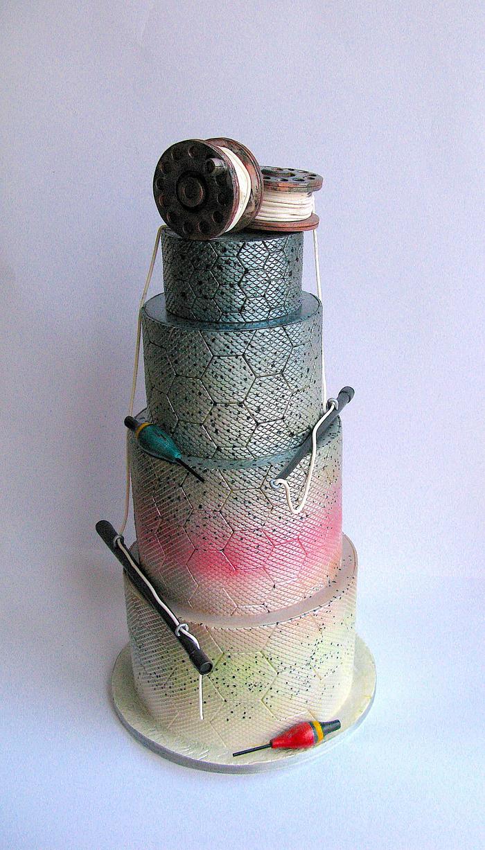 Avant-garde fishing themed cake