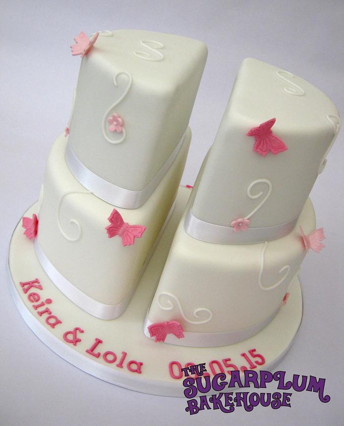 Split 2 Tier Christening Cake for Twins!