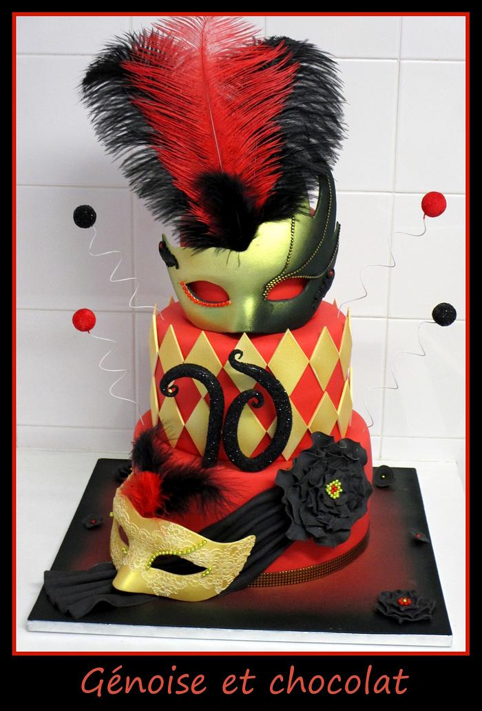 Red, black and gold venetian masked ball cake