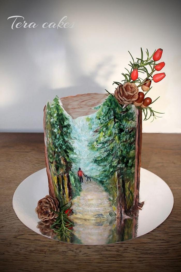 Hand painted cake for a man who loves to walk his dog in the forest.