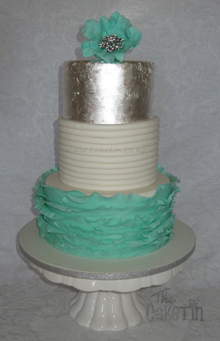 Teal Ruffle and Silver leaf