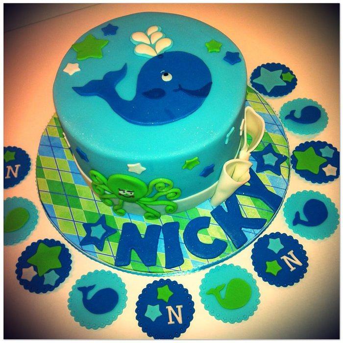 Whale themed baby shower cake 