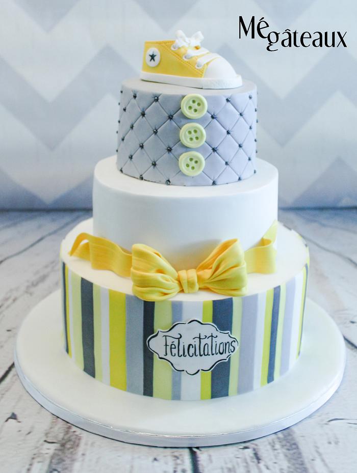 gray and yellow baby shower cake
