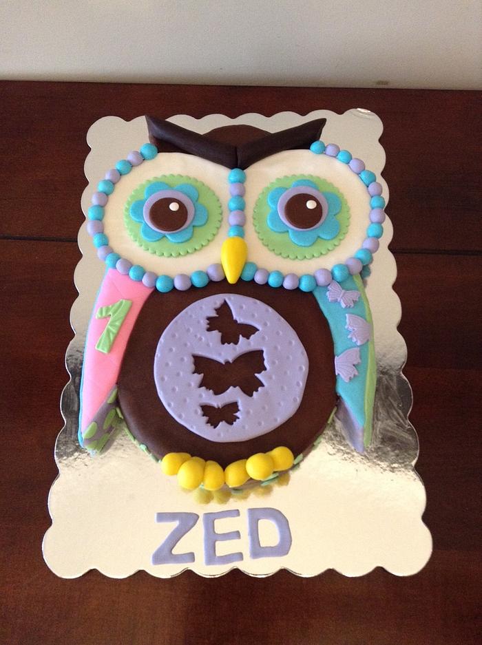 Quilted Owl 1st Birthday Cake