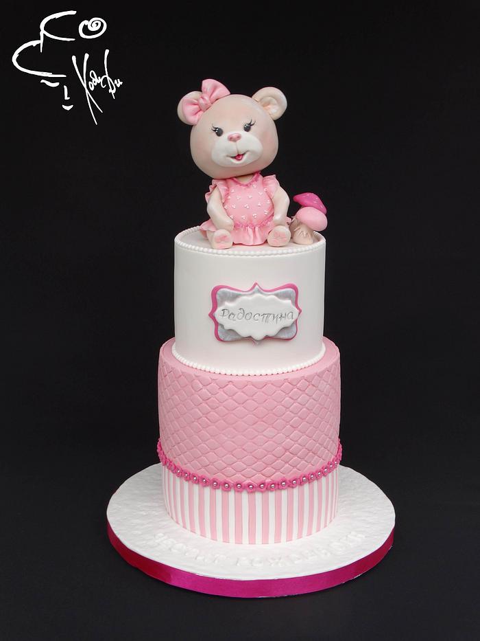 Pink cake with sweet bear