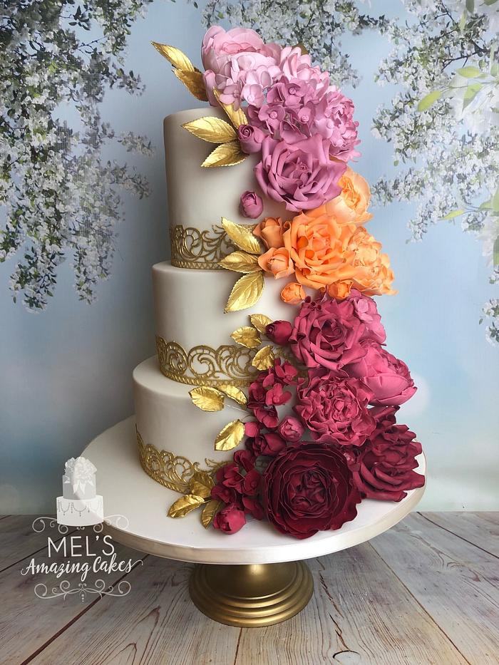 Ombré cascading sugar flower wedding cake 