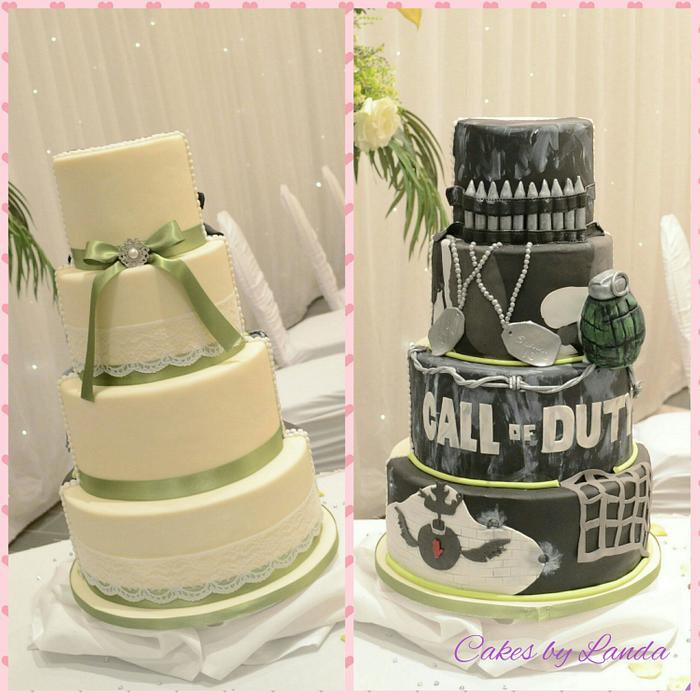 half and half call of duty wedding cake 