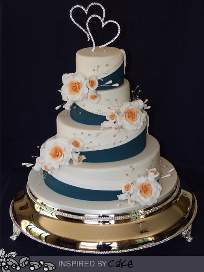 Ivory, Teal and Apricot Wedding Cake